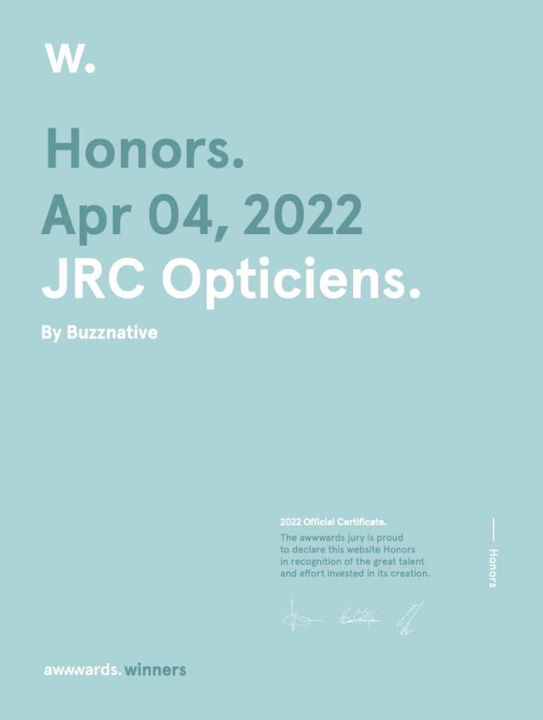 Mention Honors décerné à l'Agence buzznative par les awwwards pour notre réalisation JRC Opticiens
